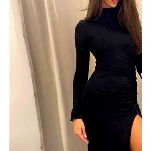 Zara asymmetric 1 Arm High Neck Black dress with gathering Nwt XS - Picture 3 of 6